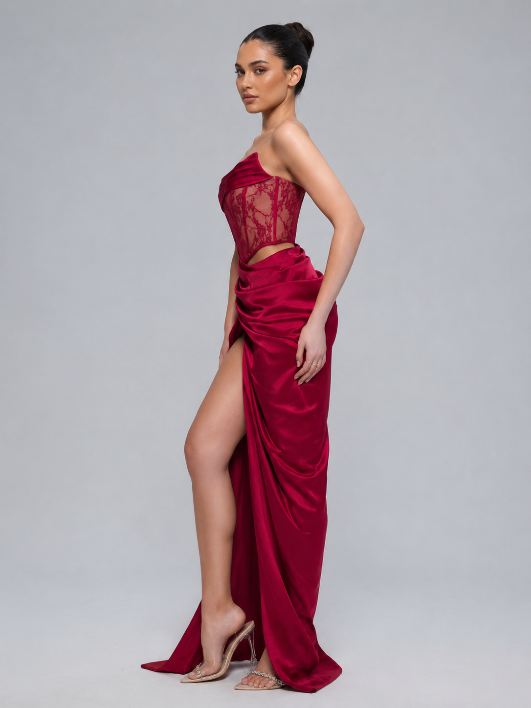 Lace Corset Draped Floor-Length Gown