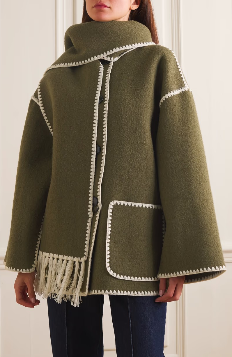 Draped Wool-Blend Coat with Fringed Scarf