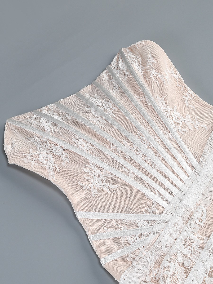 Strapless Lace Corset Bridal Gown with Sheer Skirt & Train