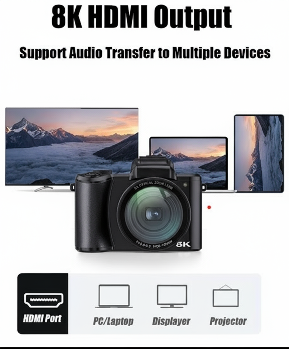 8K UltraHD 16X Zoom Autofocus Digital Camera with Touchscreen and Built-in Wi-Fi