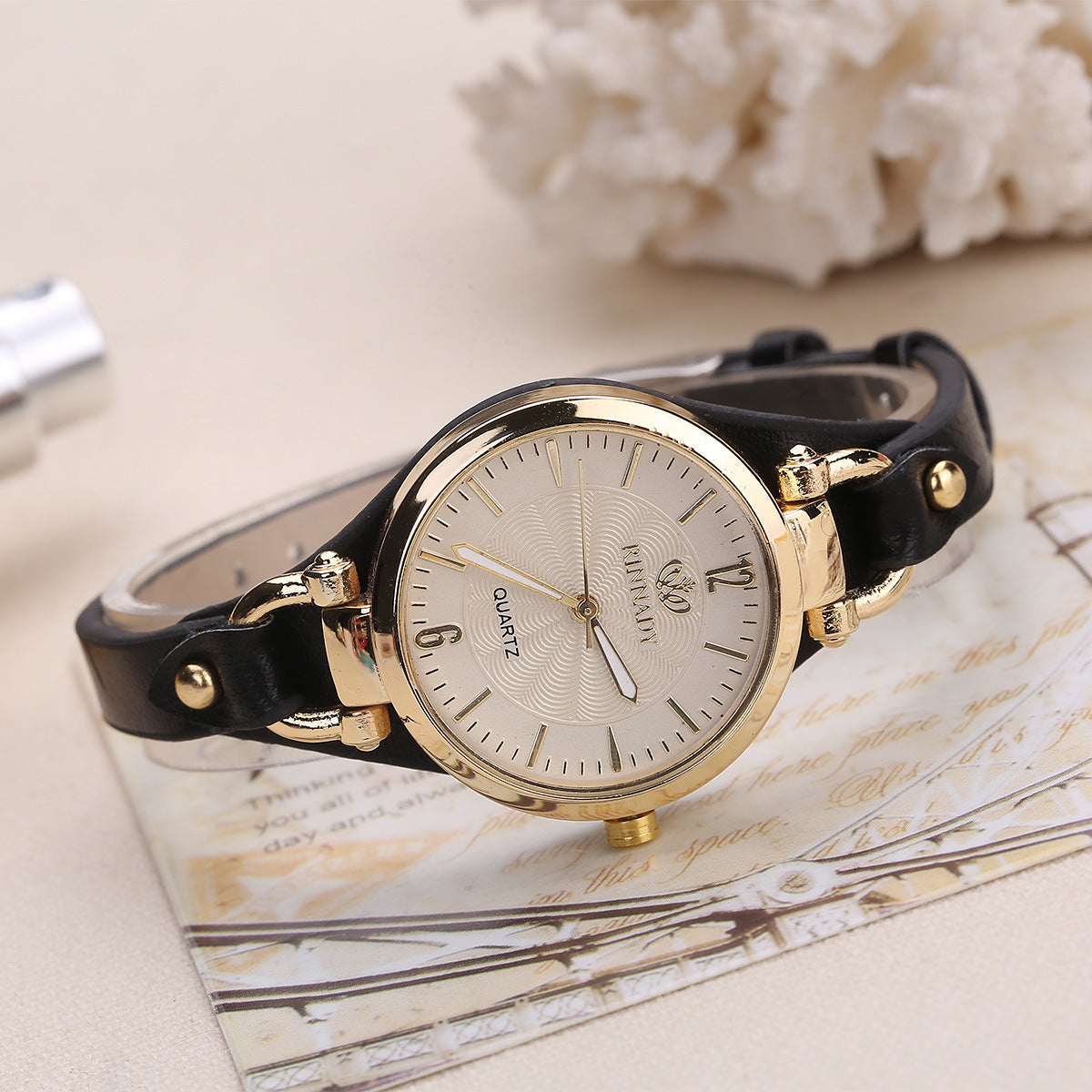 RINNADY Women's Quartz Watch – White Dial, Leather Strap
