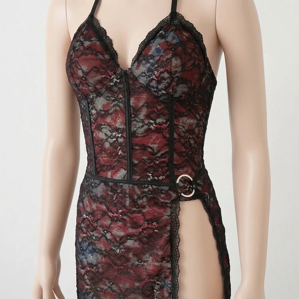 Red Floral Lace Halter Mini Dress
