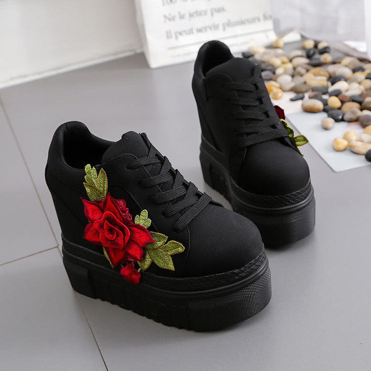 Embroidered Rose Platform Wedge Sneakers