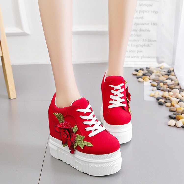 Women's Rose Embroidery Platform Wedge Sneakers