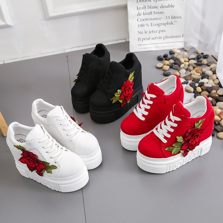 Women's Rose Embroidery Platform Wedge Sneakers