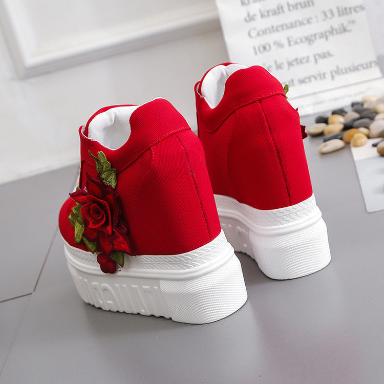 Embroidered Rose Platform Wedge Sneakers