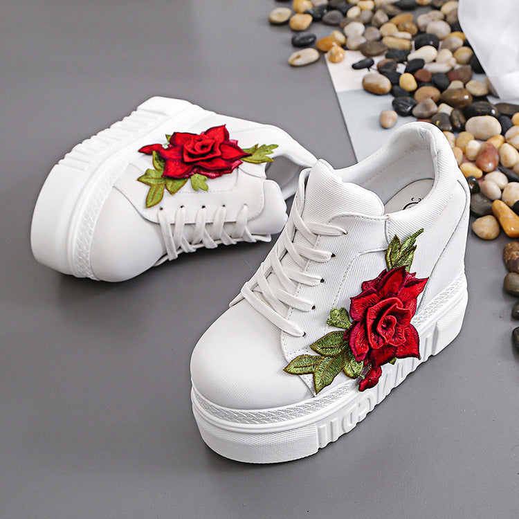 Embroidered Rose Platform Wedge Sneakers