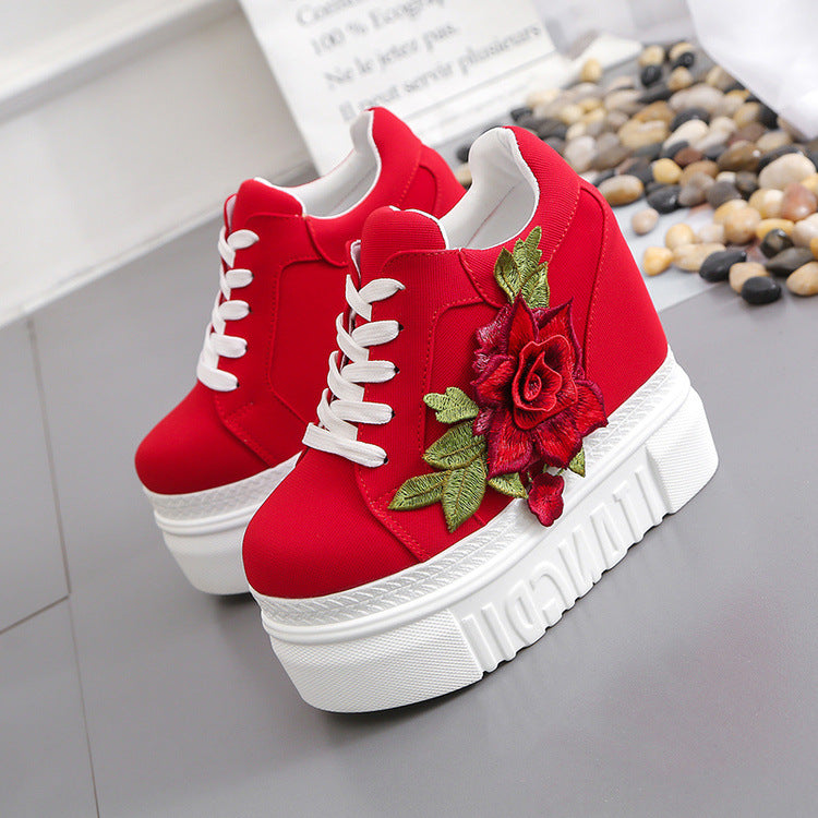 Embroidered Rose Platform Wedge Sneakers