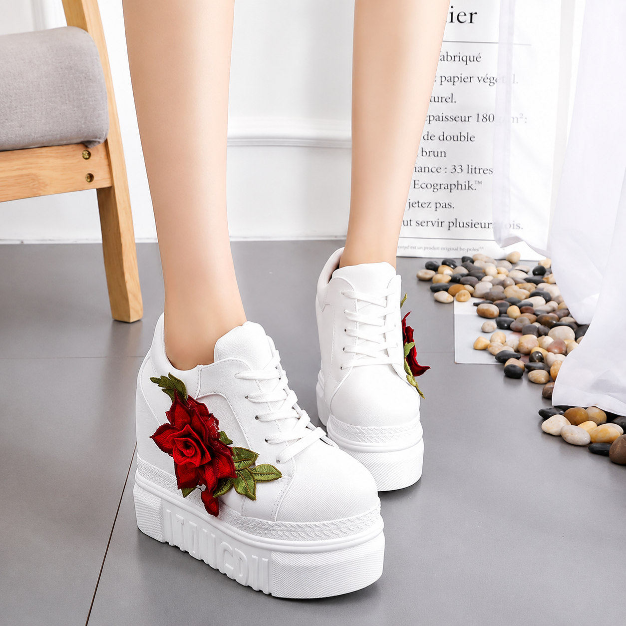 Embroidered Rose Platform Wedge Sneakers