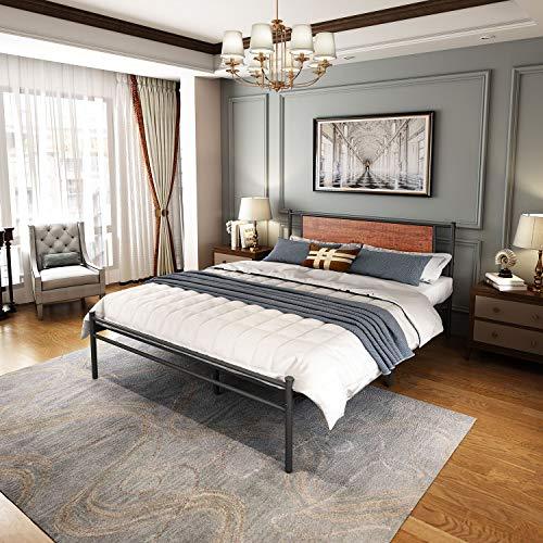 Queen Bed Frame with Wooden Headboard Metal Platform Bed Frames with Storage, Easy Assembly