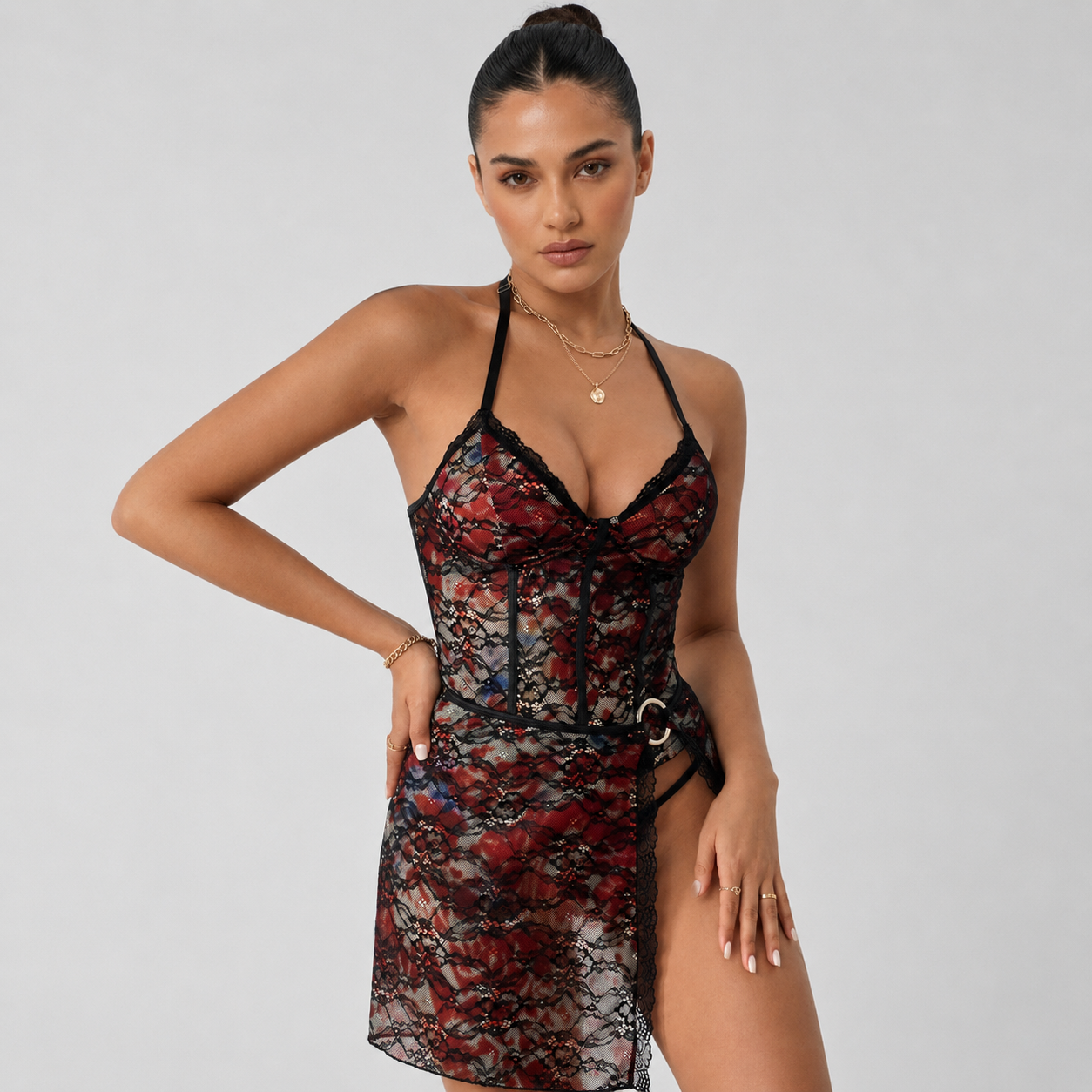 Red Floral Lace Halter Mini Dress