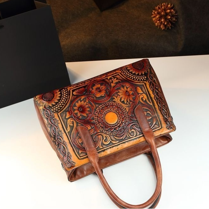 Retro Floral Embossed Genuine Leather Handbag