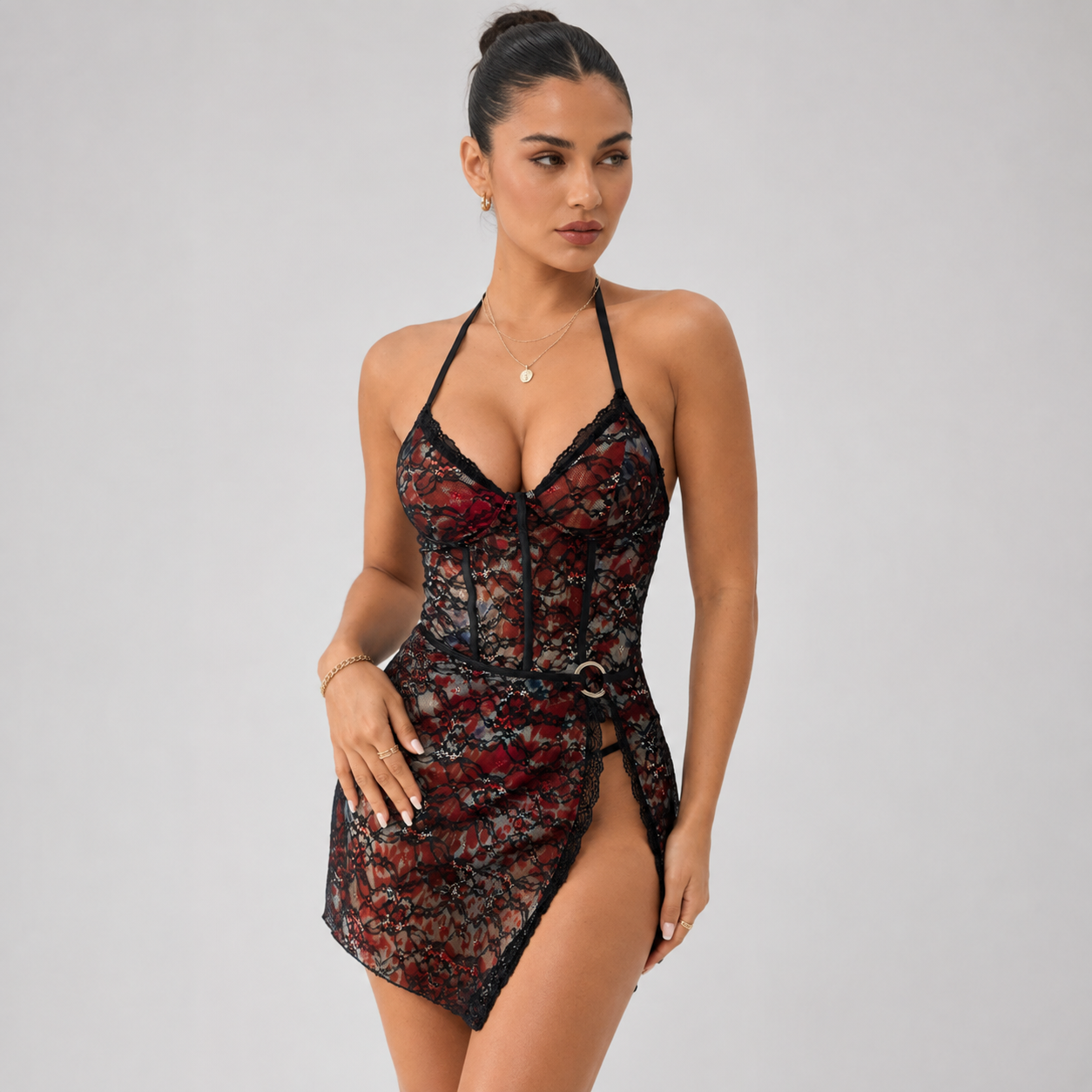 Red Floral Lace Halter Mini Dress