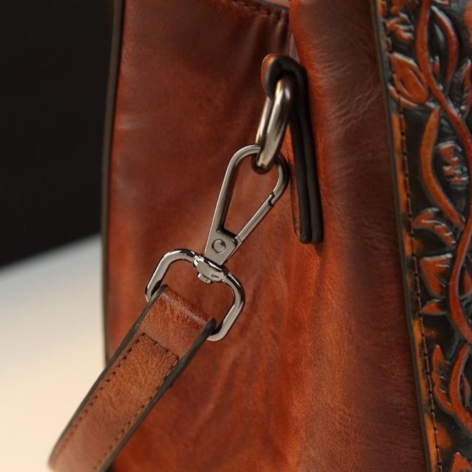 Retro Floral Embossed Genuine Leather Handbag