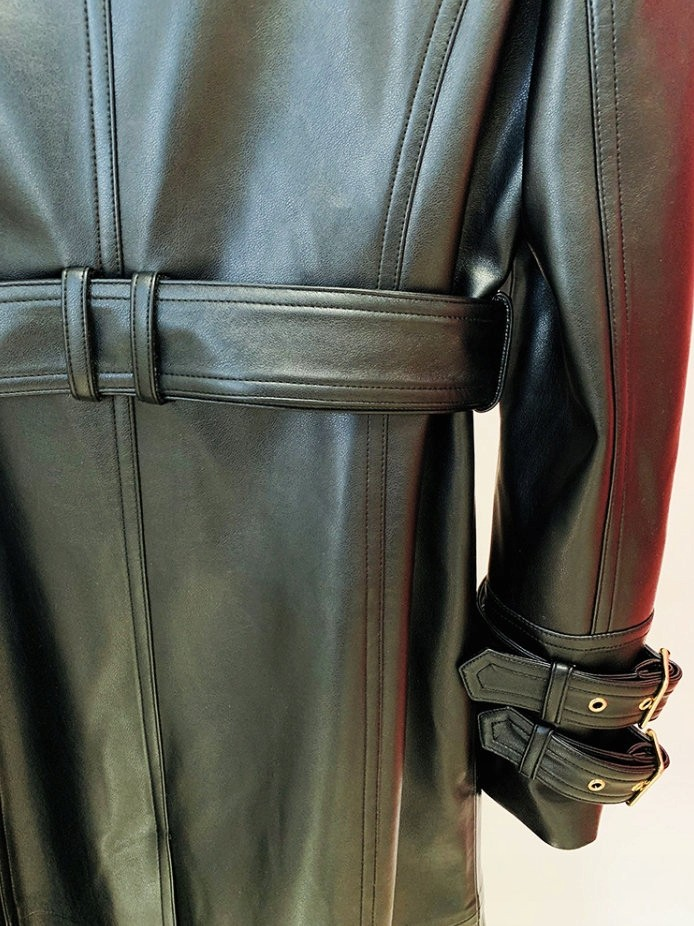 Belted Faux Leather Trench Coat