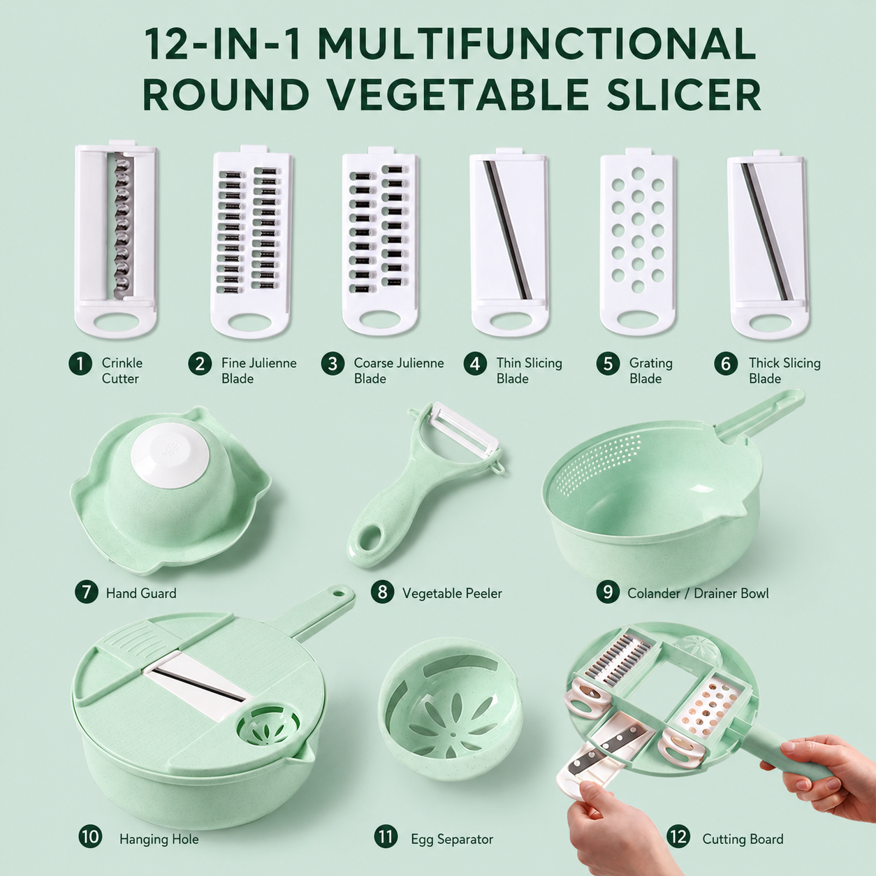 12-in-1 Multifunction Circular Slicer Set with Container Base/Strainer