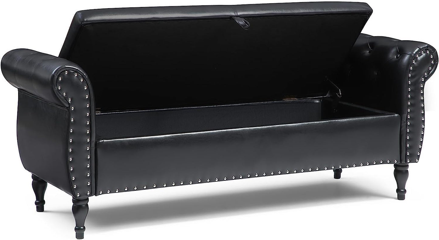 63in./160cm Button-Tufted Faux Leather/Velvet Upholstered Storage Bench with Pillow