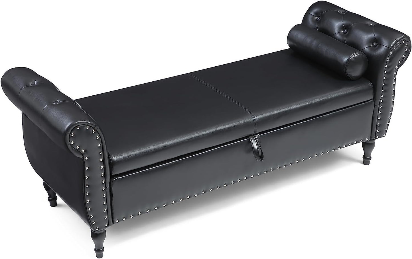 63in./160cm Button-Tufted Faux Leather/Velvet Upholstered Storage Bench with Pillow