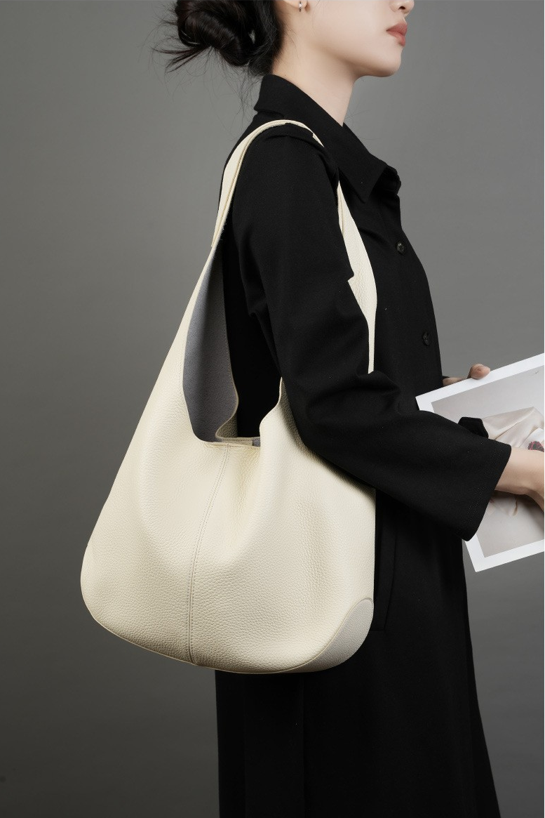 Slouchy Hobo Shoulder Bag in Genuine Cowhide Leather