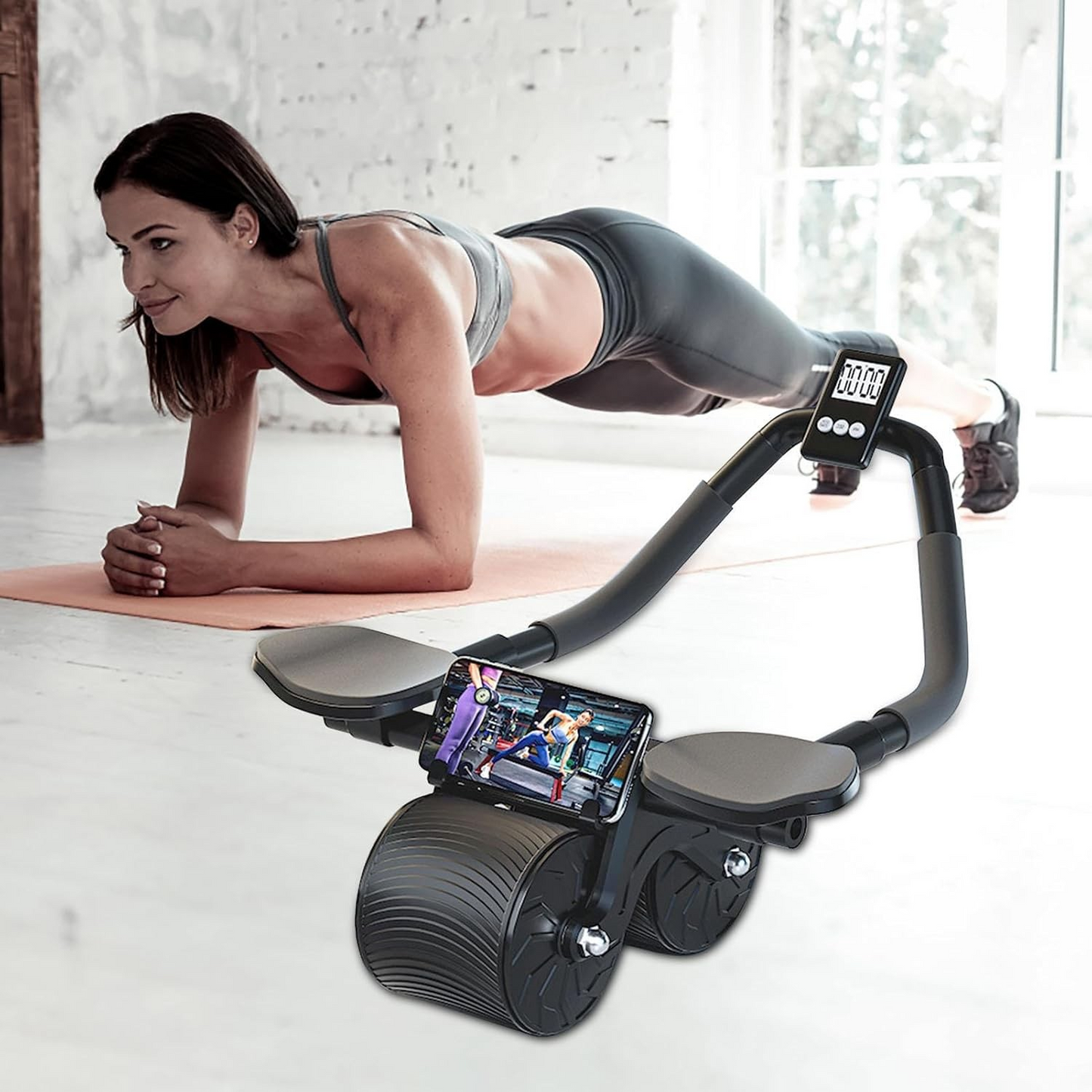 Automatic Rebound Ab Roller Wheel with Elbow Support and Built-in Timer