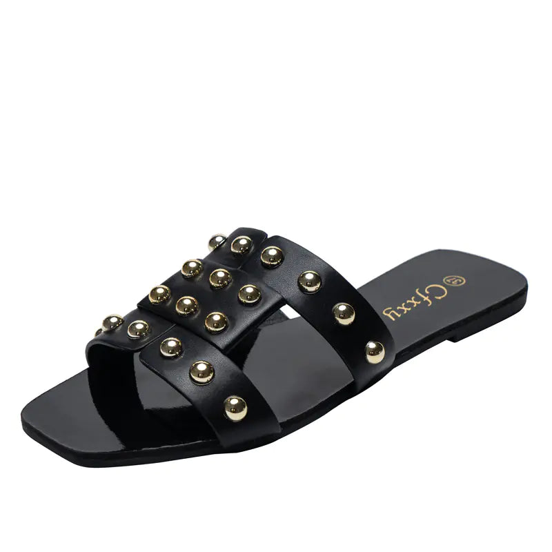 Women's Leather Studded Flat Slide Sandals