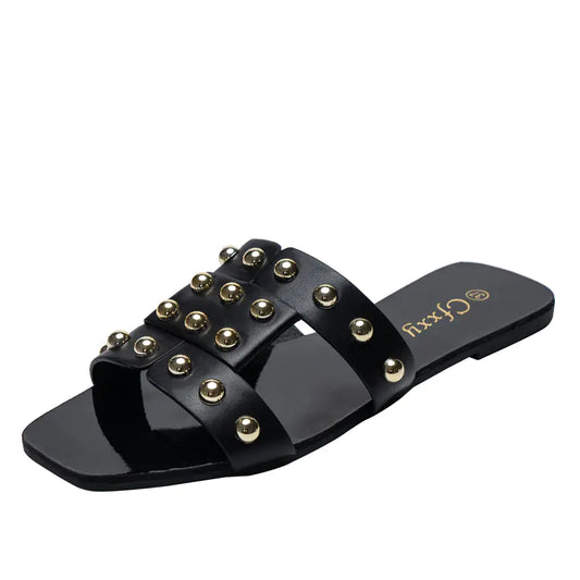 Women's Leather Studded Flat Slide Sandals