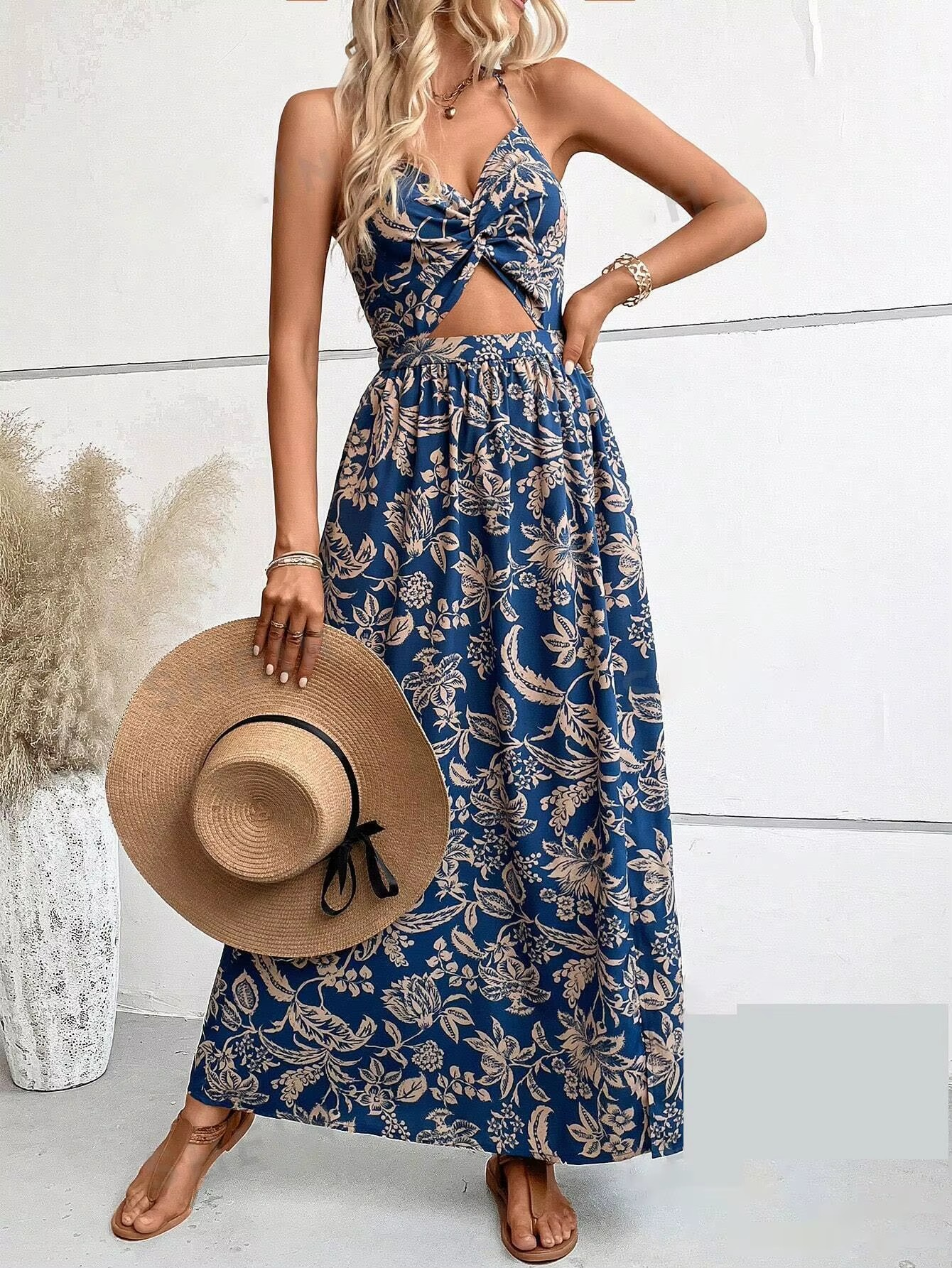 Halter Twist Front Cut-Out Maxi Dress