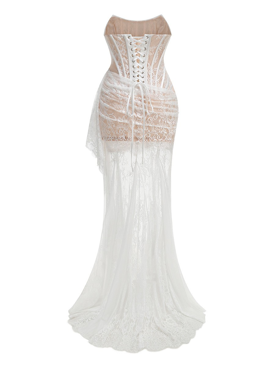 Strapless Lace Corset Bridal Gown with Sheer Skirt & Train