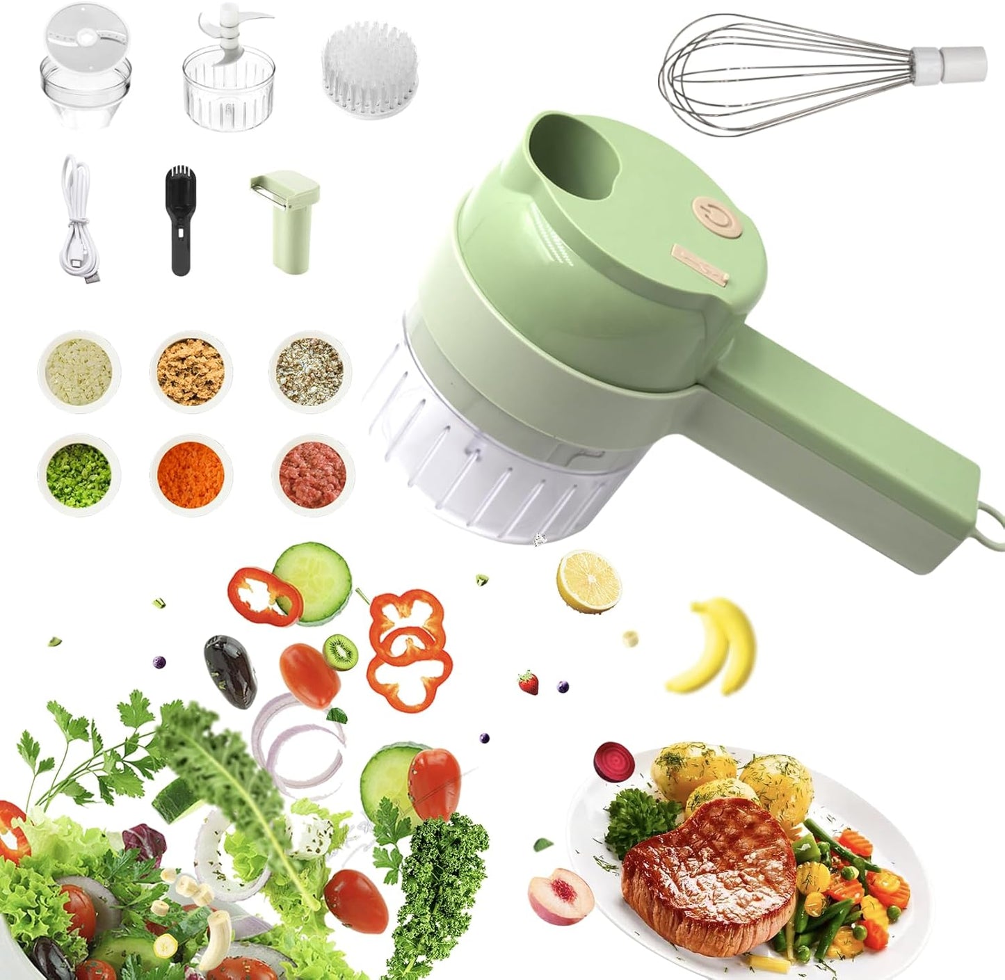 4-in-1 Portable Electric Vegetable Chopper Set with Egg Whisk & Spin Scrubber