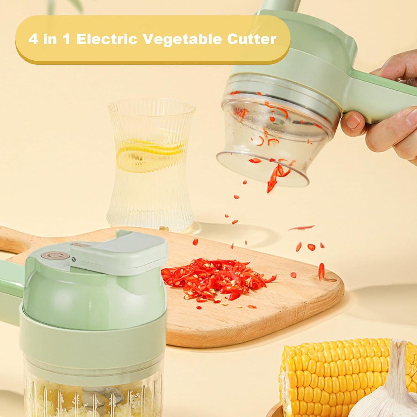 4-in-1 Portable Electric Vegetable Chopper Set with Egg Whisk & Spin Scrubber