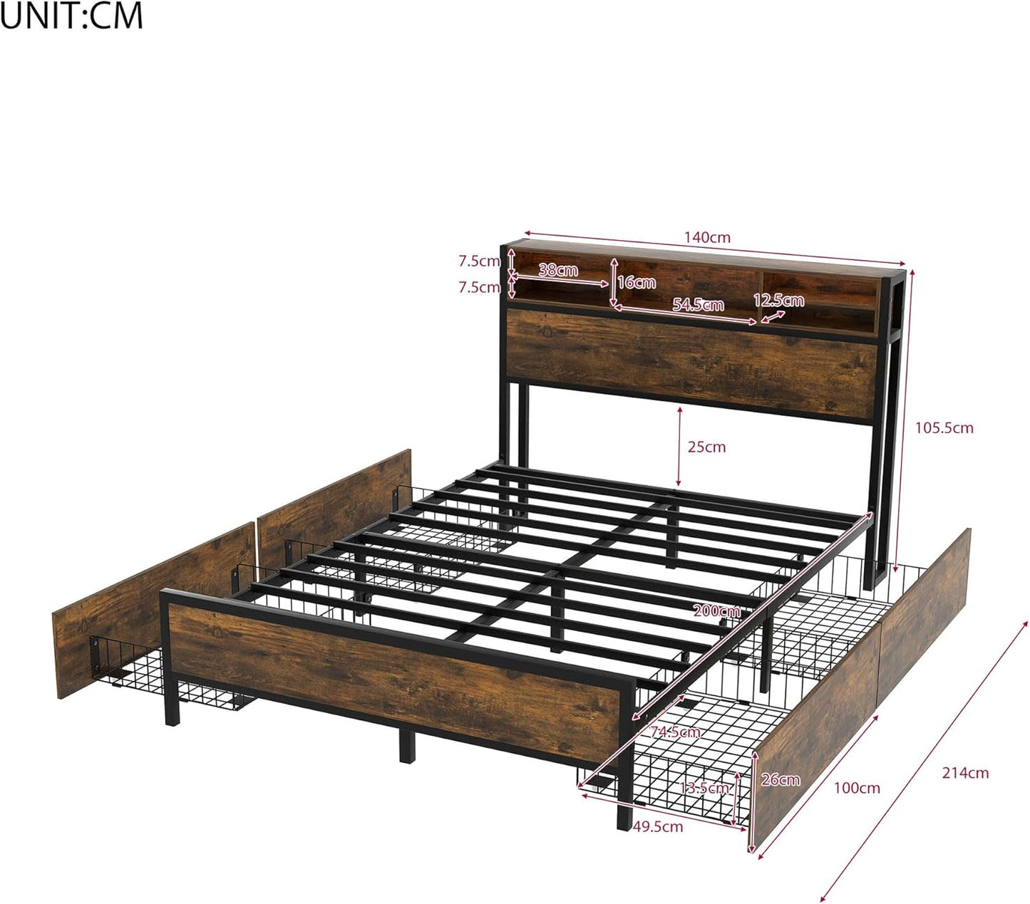 140x200cm Metal Platform Double Bed with Storage Headboard and Drawers, LED Lighting and USB Charging Ports