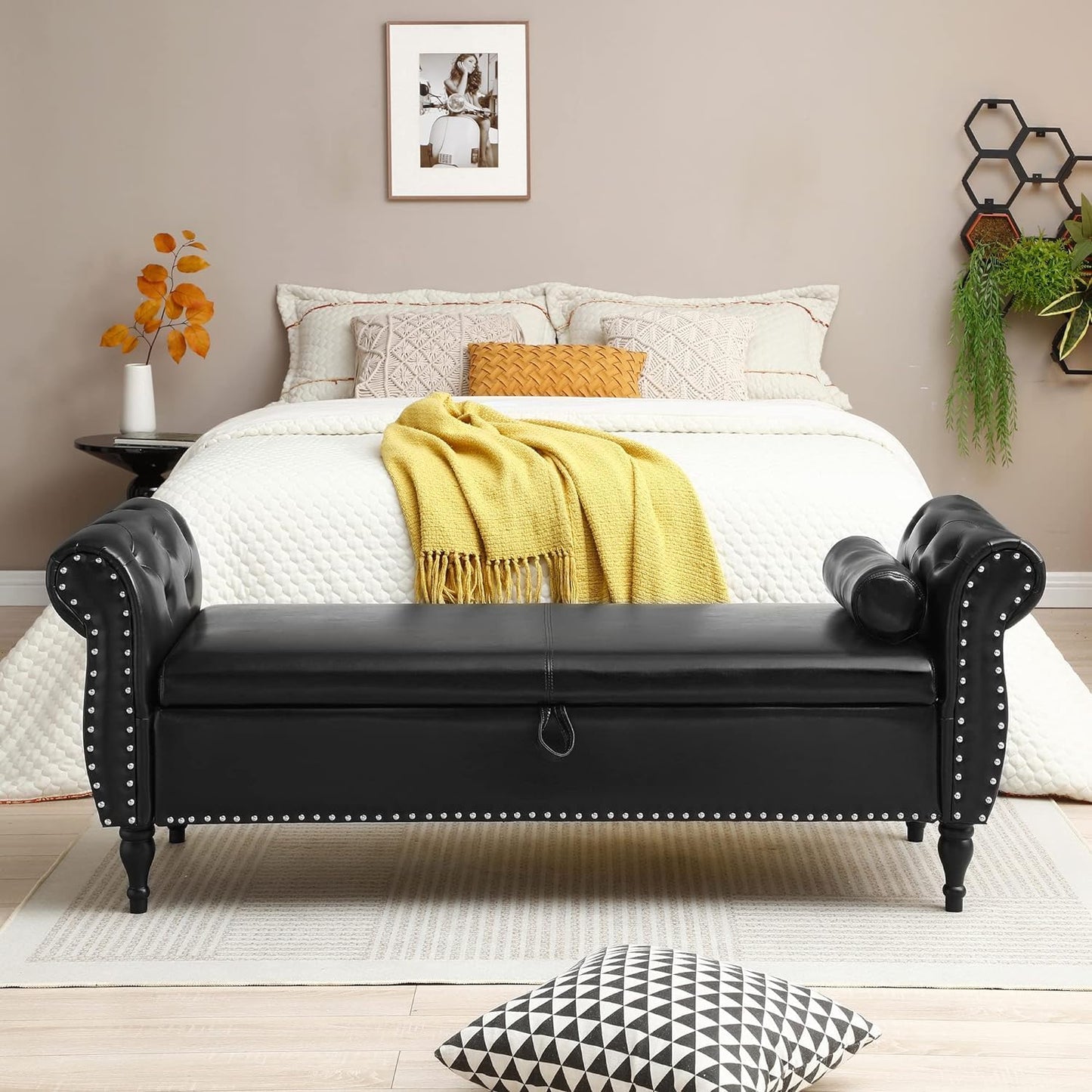 63in./160cm Button-Tufted Faux Leather/Velvet Upholstered Storage Bench with Pillow