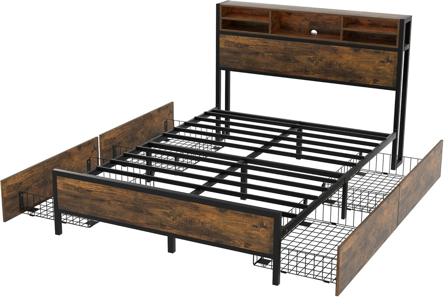 140x200cm Metal Platform Double Bed with Storage Headboard and Drawers, LED Lighting and USB Charging Ports