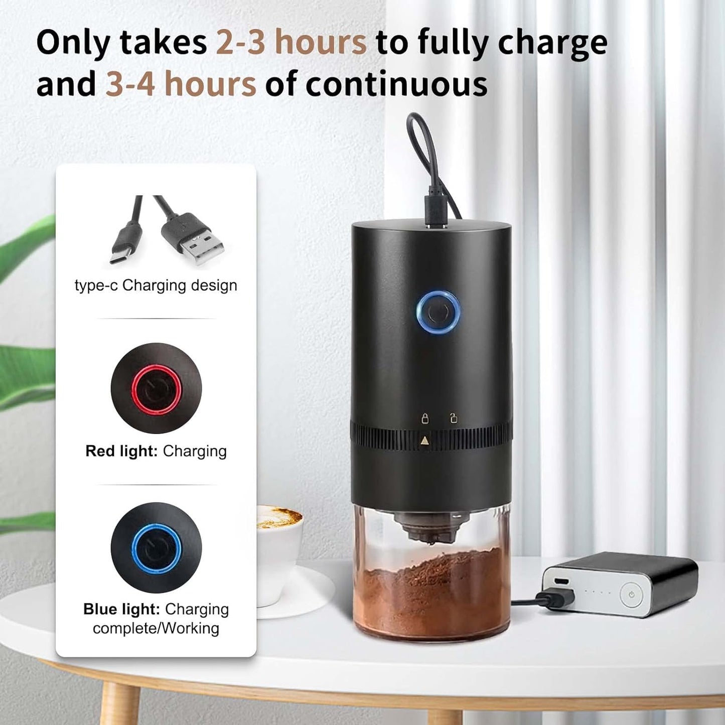 Portable Electric Coffee Bean Grinder, USB Rechargeable