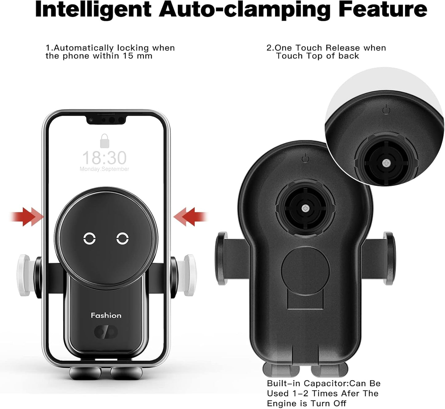 15W Wireless Smart Sensor Auto-Clamping Car Phone Holder
