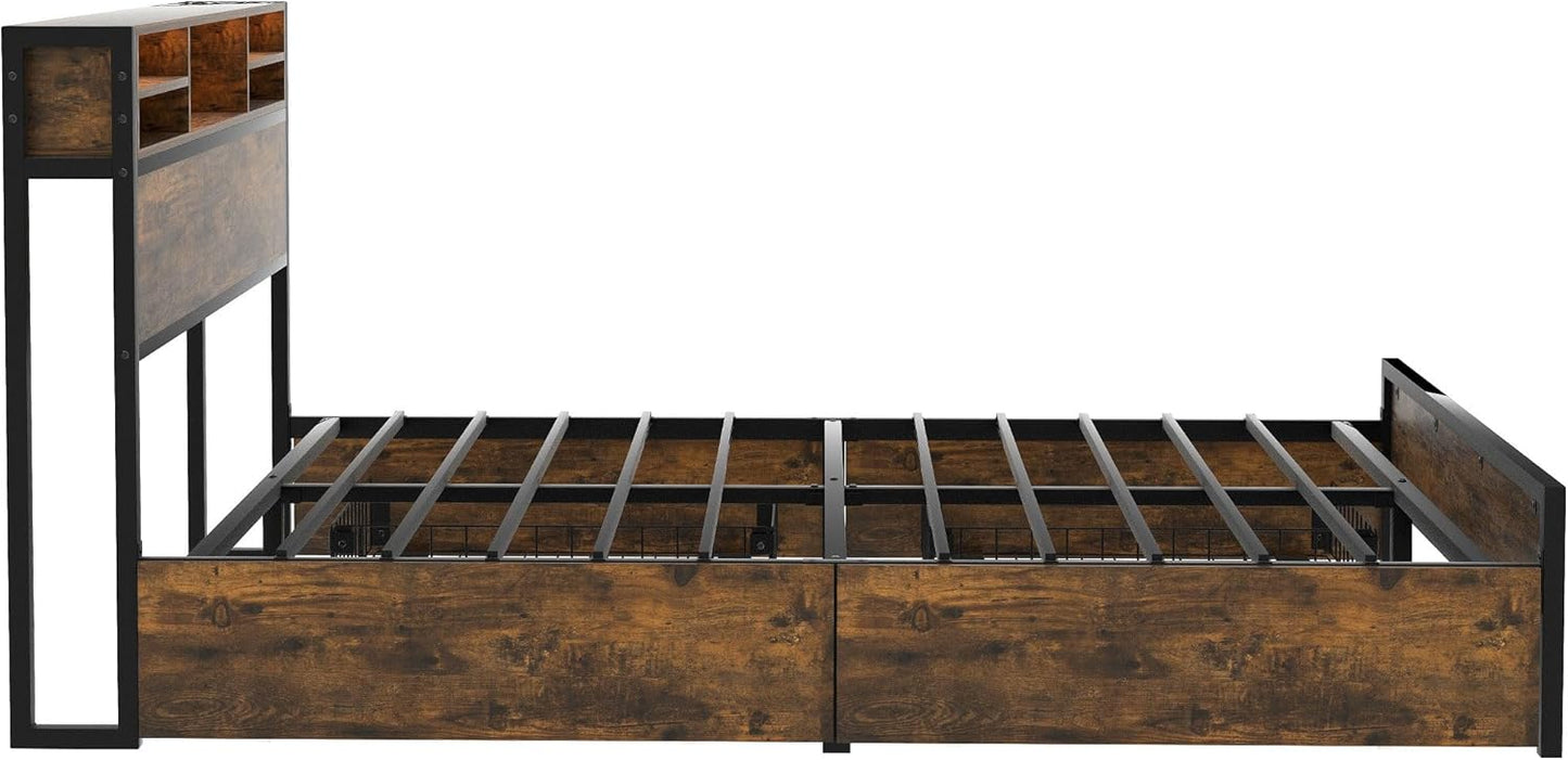 140x200cm Metal Platform Double Bed with Storage Headboard and Drawers, LED Lighting and USB Charging Ports