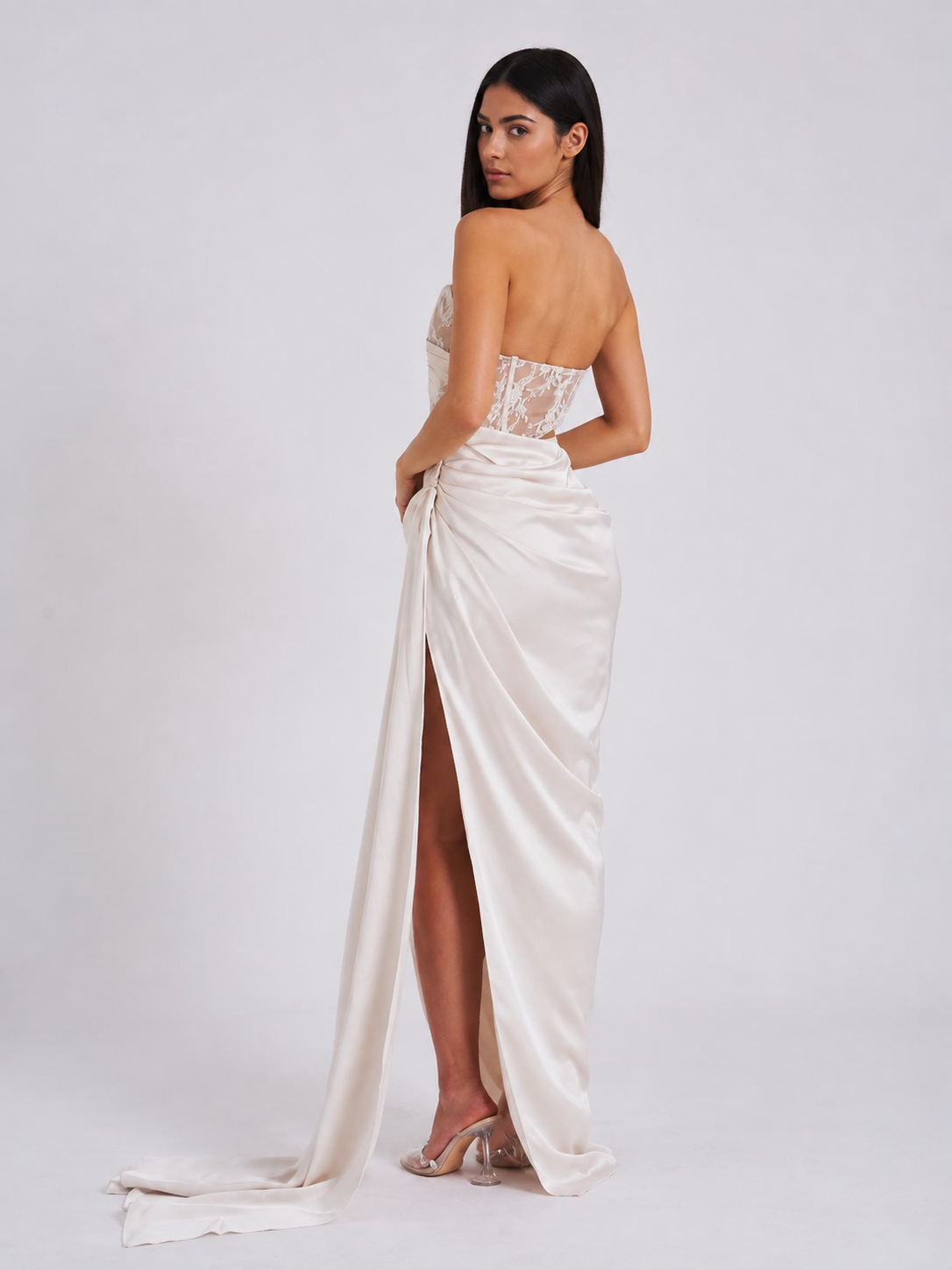 Lace Corset Draped Floor-Length Gown
