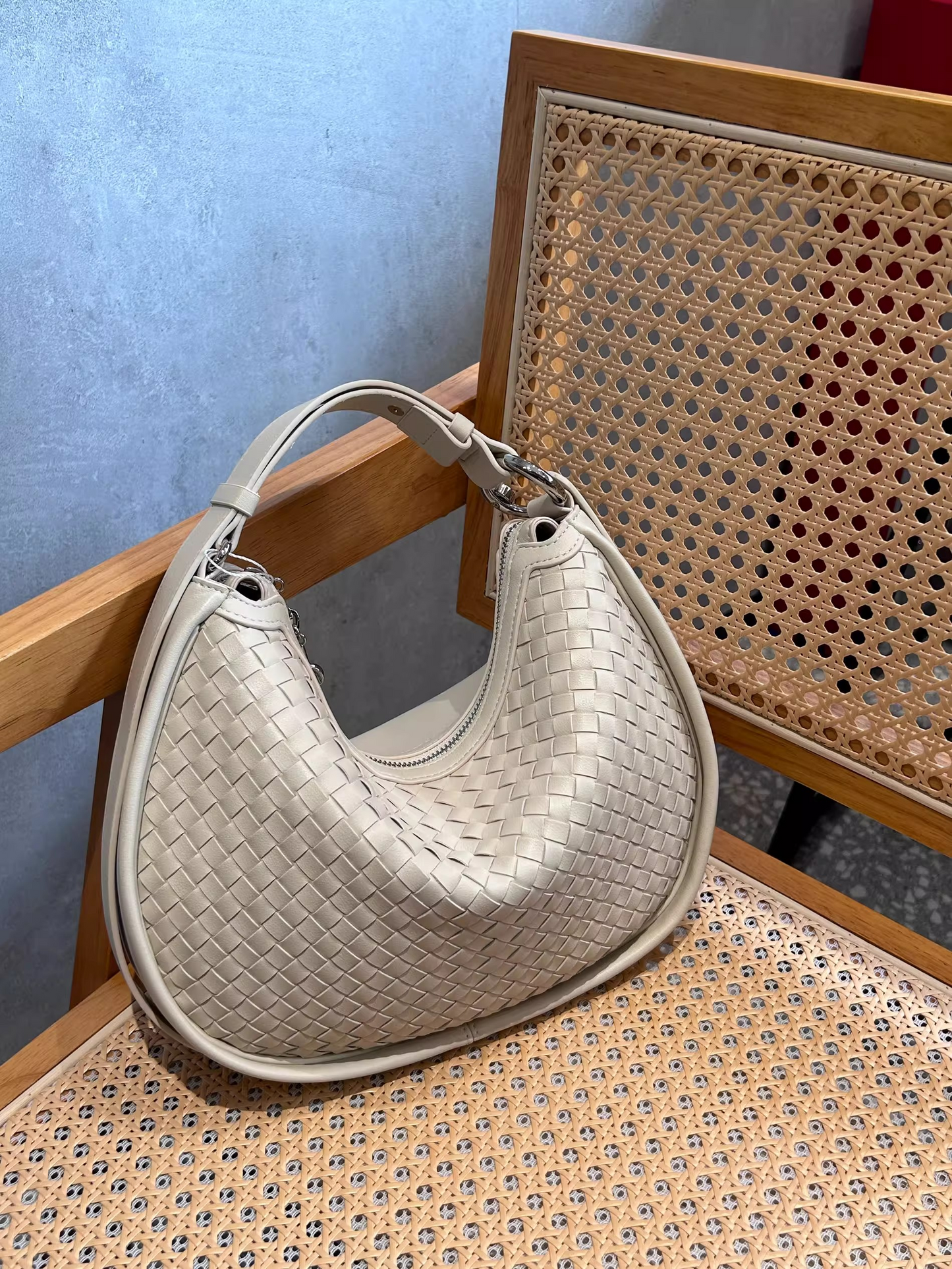 Half-Moon Handwoven Hobo Bag in Genuine Cowhide Leather