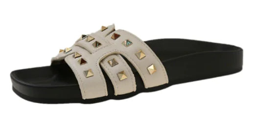 Women's Leather Studded Flat Slide Sandals