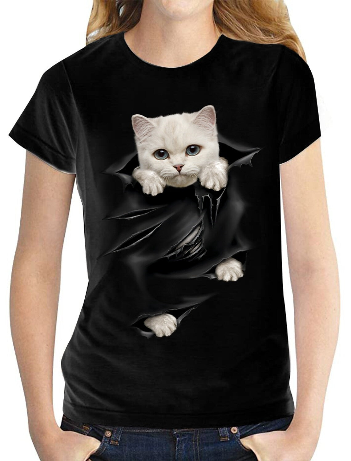 Cat Print Crewneck T-shirt