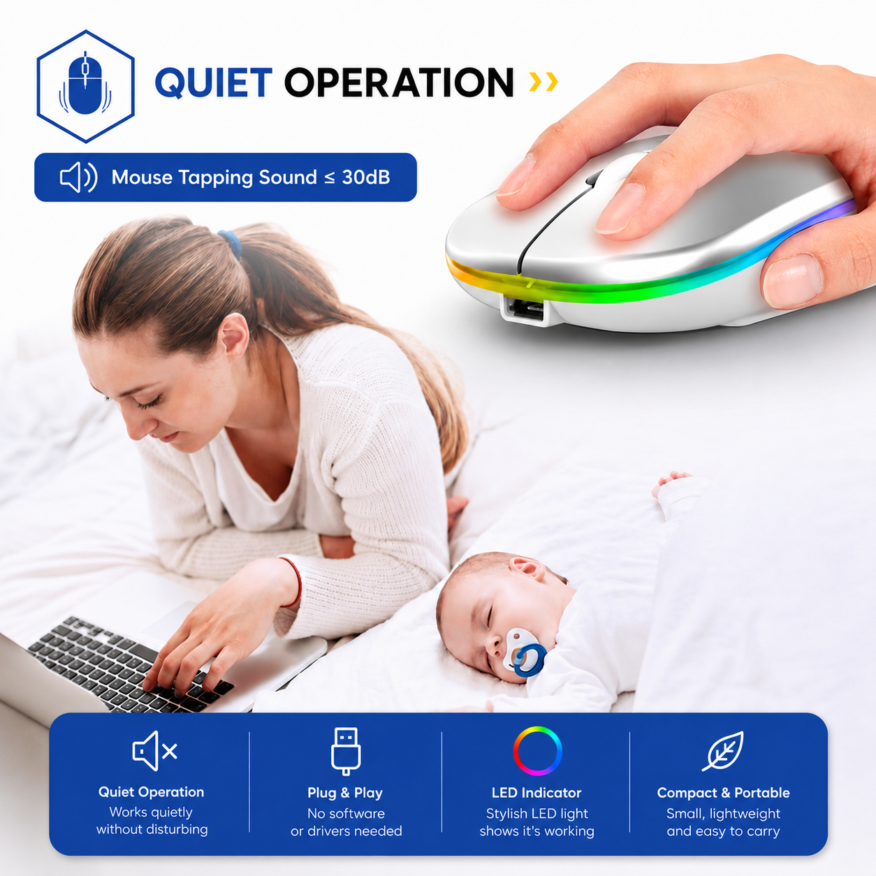 Rechargeable Dual-Mode Bluetooth 5.2 Wireless Mouse with 2.4GHz Receiver, Ultra-Silent Click & Colorful RGB LED Effects