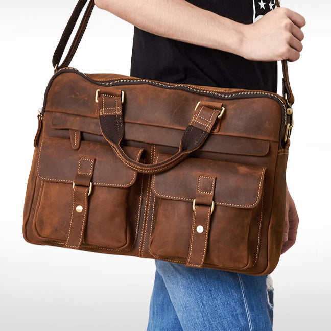Men's Genuine Crazy Horse Leather Business Briefcase, Waterproof & Wear-Resistant