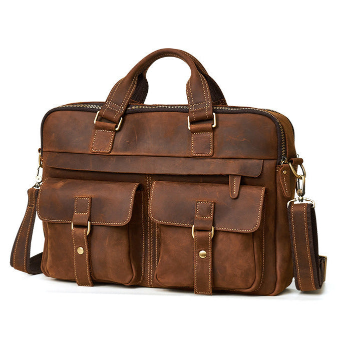 Men's Genuine Crazy Horse Leather Business Briefcase, Waterproof & Wear-Resistant