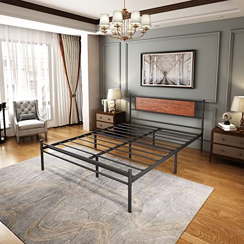 Queen Bed Frame with Wooden Headboard Metal Platform Bed Frames with Storage, Easy Assembly