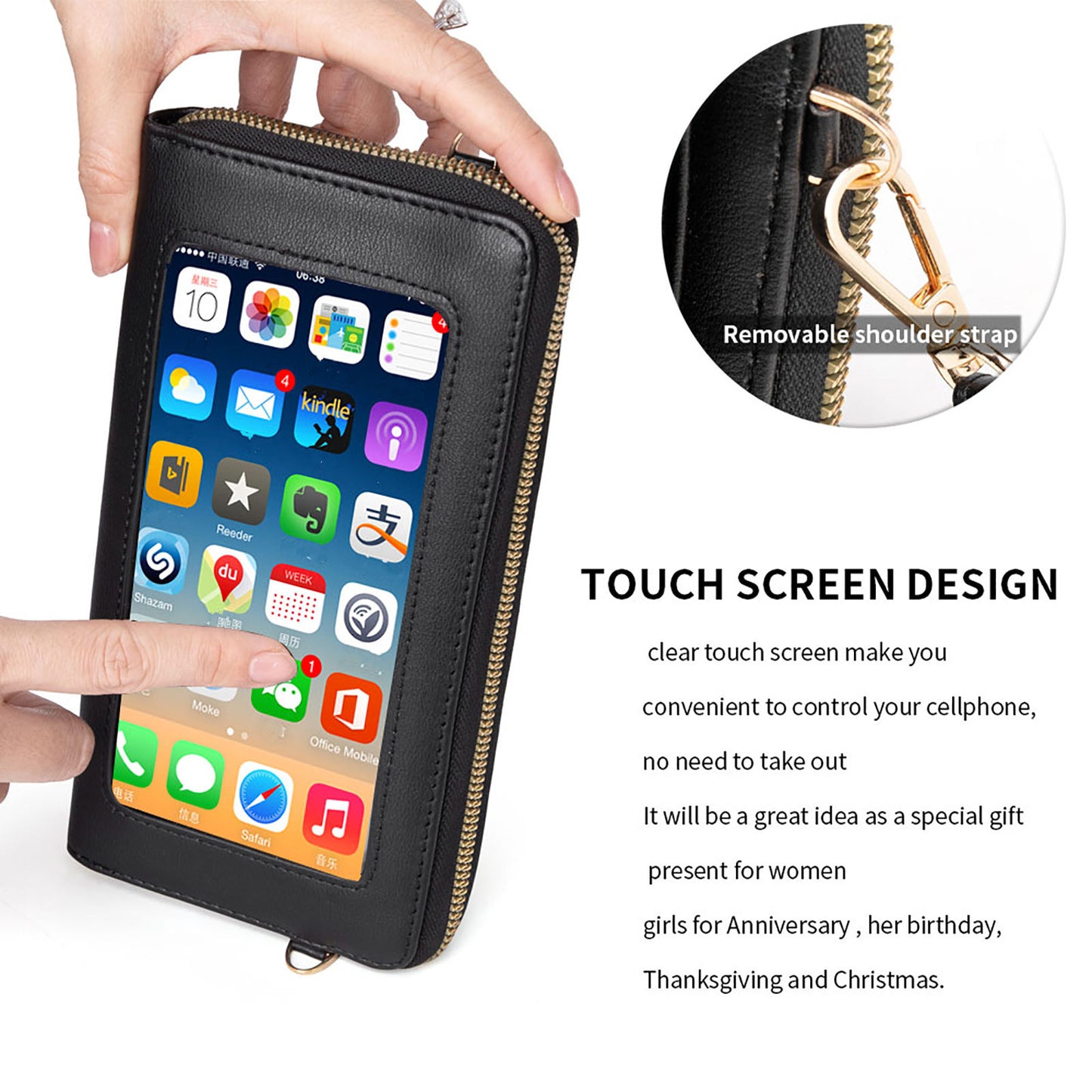 Touch-Screen Crossbody Mobile Phone Purse with RFID Anti-theft