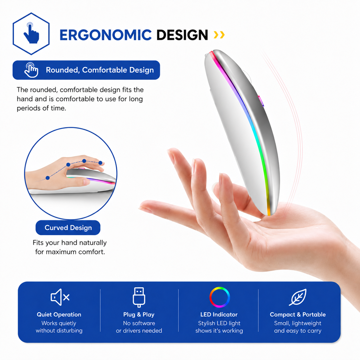 Rechargeable Dual-Mode Bluetooth 5.2 Wireless Mouse with 2.4GHz Receiver, Ultra-Silent Click & Colorful RGB LED Effects