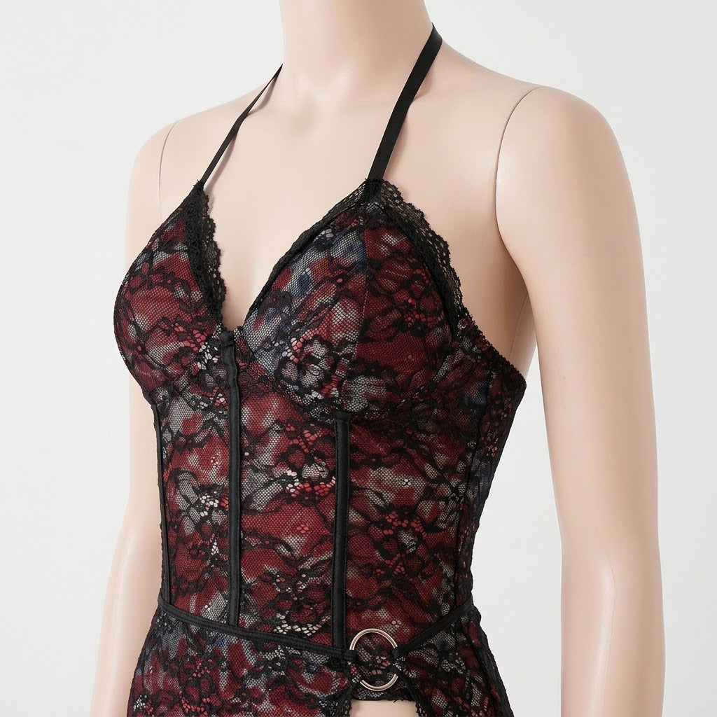 Red Floral Lace Halter Mini Dress
