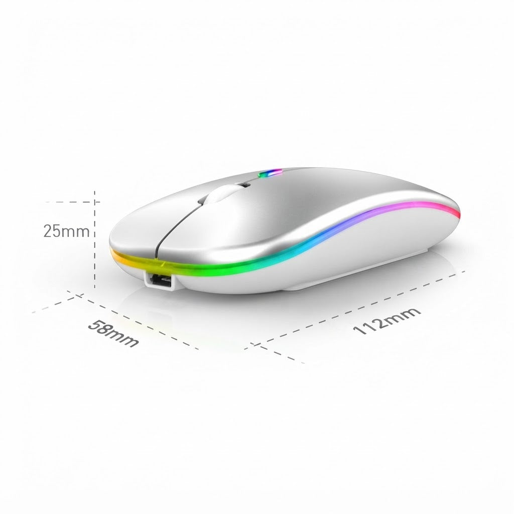 Rechargeable Dual-Mode Bluetooth 5.2 Wireless Mouse with 2.4GHz Receiver, Ultra-Silent Click & Colorful RGB LED Effects