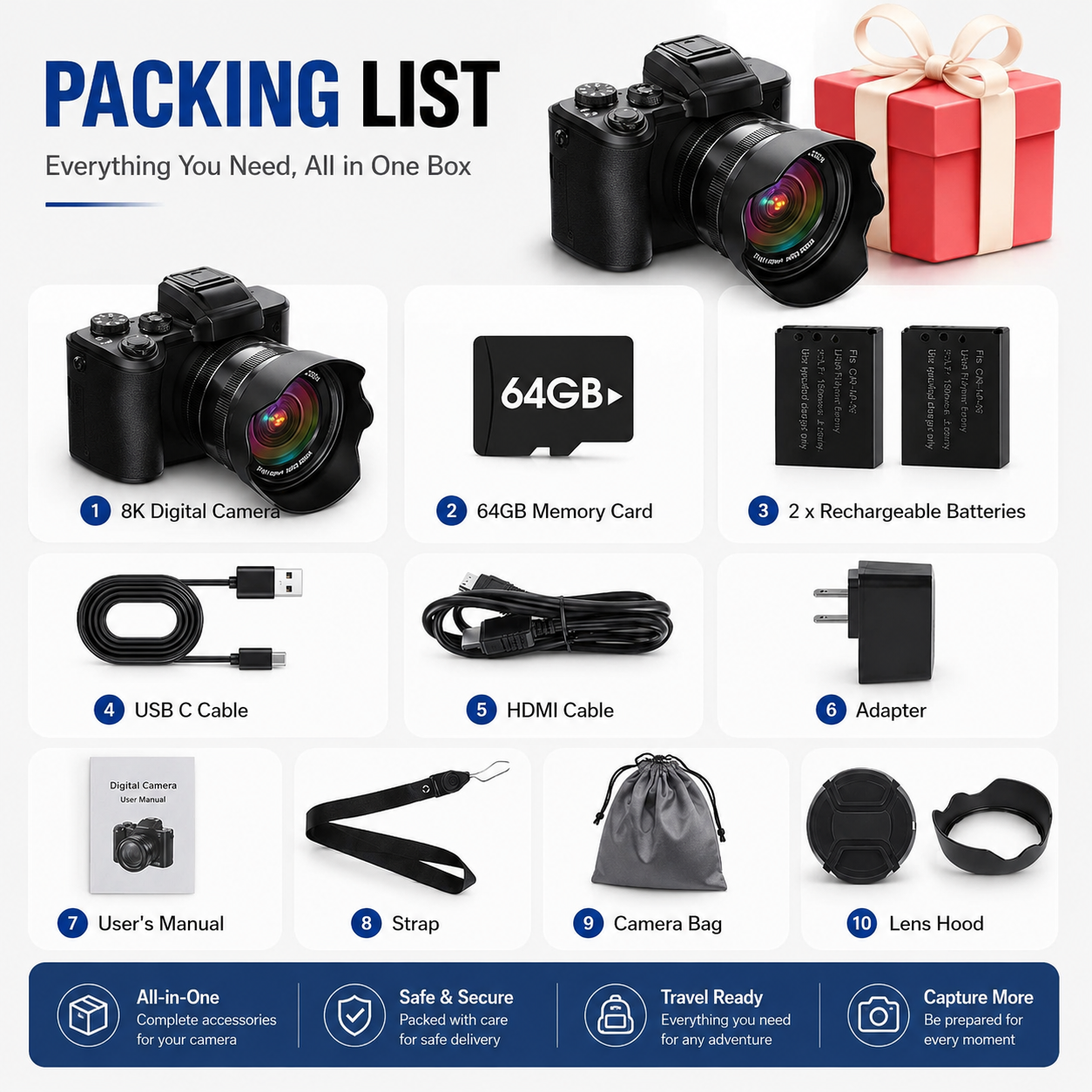 8K Ultra HD Vlogging/Photography Digital Camera with 16X Autofocus Zoom, Touchscreen Controls, Built-in Wi-Fi