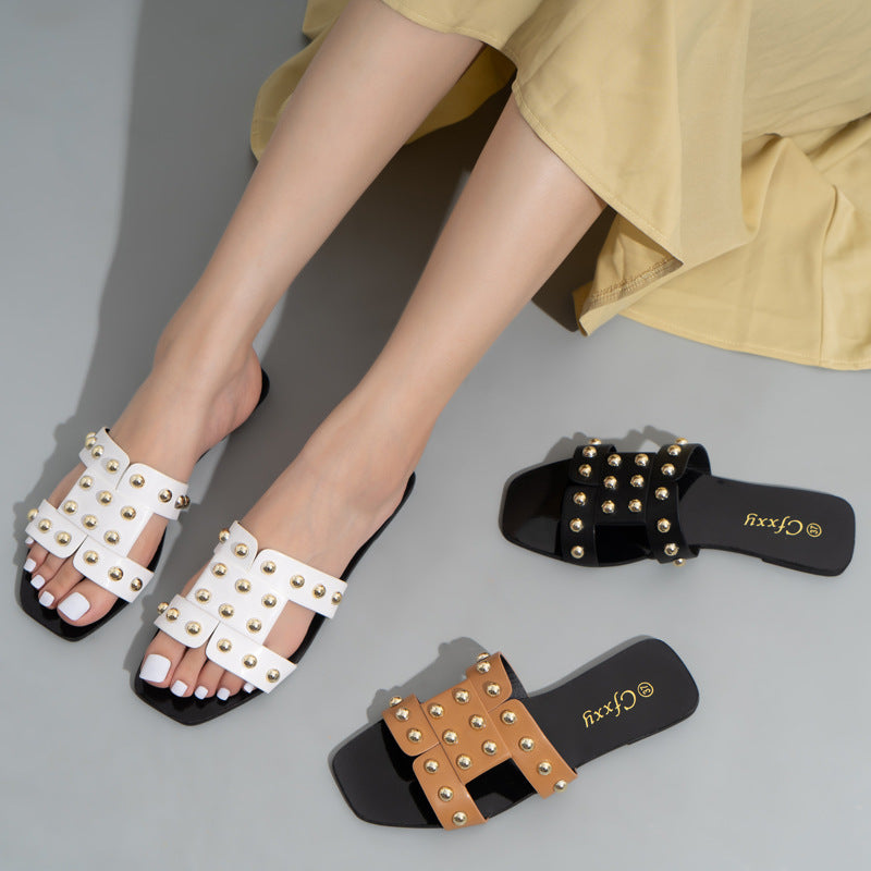 Women's Leather Studded Flat Slide Sandals